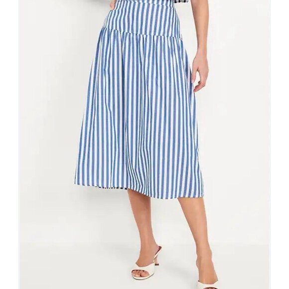 Old Navy Skirt Womens Small Dropped Waist Midi Striped Chambray Blue White - Picture 1 of 7